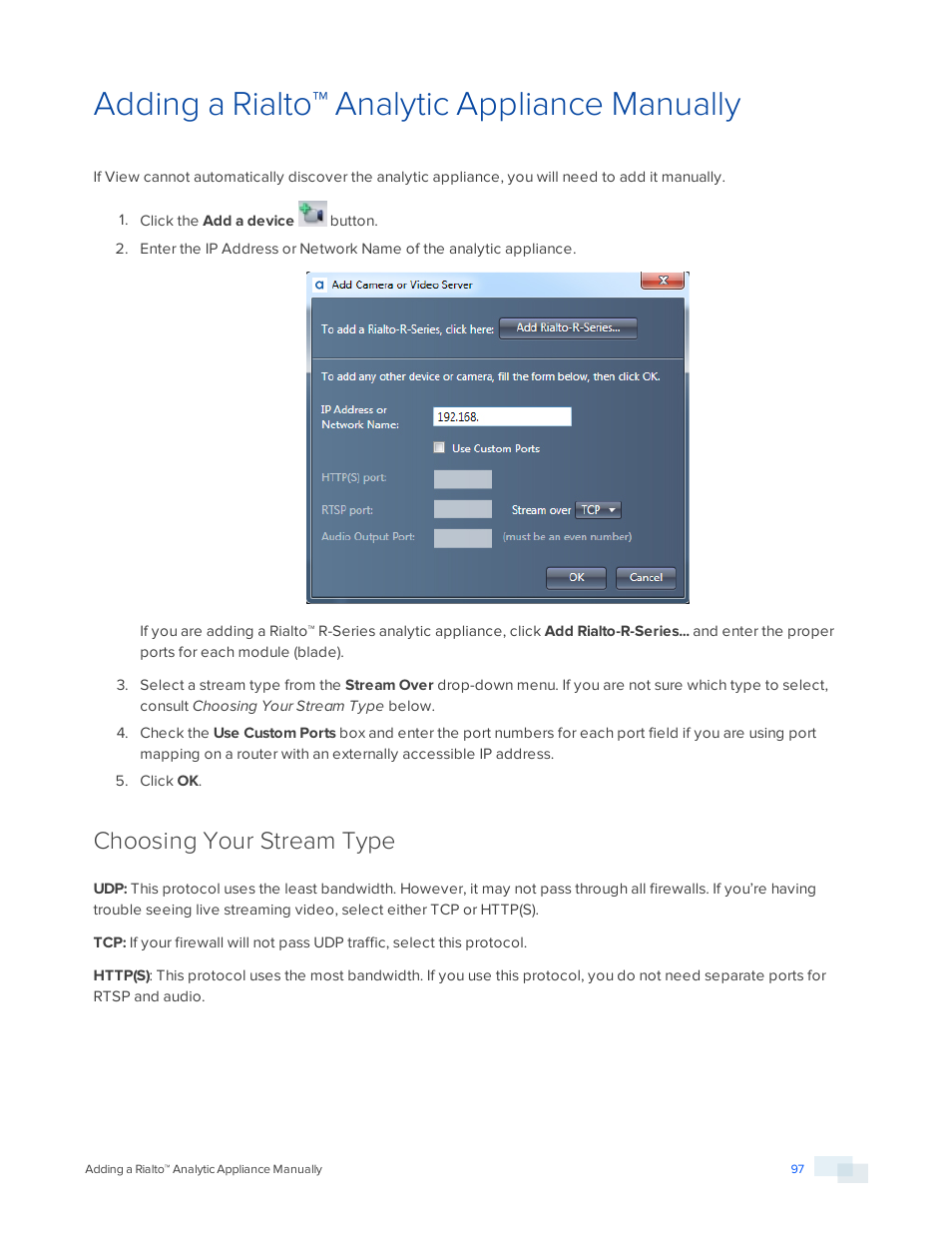 Adding a rialto™ analytic appliance manually, Choosing your stream type | Avigilon View User Manual | Page 97 / 127