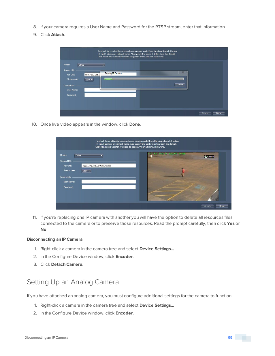 Disconnecting an ip camera, Setting up an analog camera | Avigilon View User Manual | Page 99 / 127