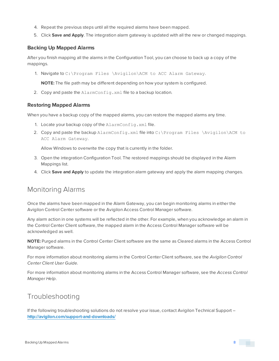 Backing up mapped alarms, Restoring mapped alarms, Monitoring alarms | Troubleshooting | Avigilon Access Control Manager Integration User Manual | Page 11 / 17