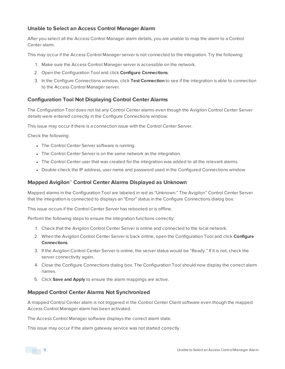 Unable to select an access control manager alarm, Mapped control center alarms not synchronized | Avigilon Access Control Manager Integration User Manual | Page 12 / 17