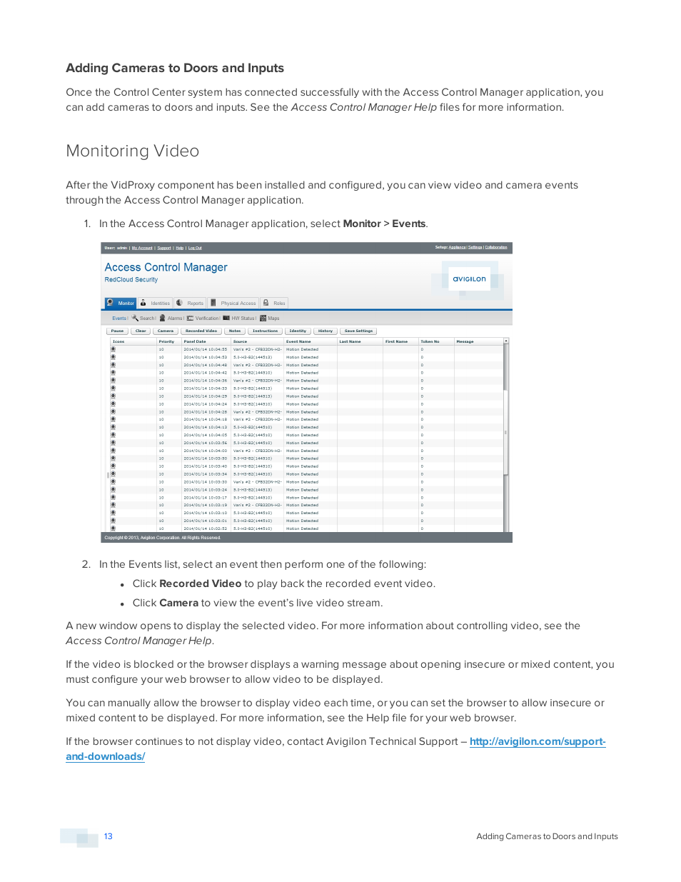 Adding cameras to doors and inputs, Monitoring video | Avigilon Access Control Manager Integration User Manual | Page 16 / 17