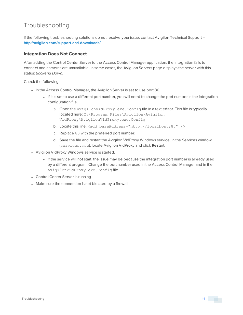 Troubleshooting, Integration does not connect | Avigilon Access Control Manager Integration User Manual | Page 17 / 17