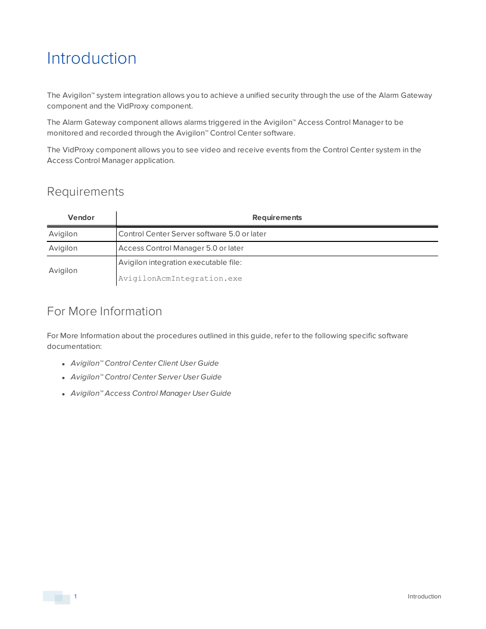 Introduction, Requirements, For more information | Avigilon Access Control Manager Integration User Manual | Page 4 / 17