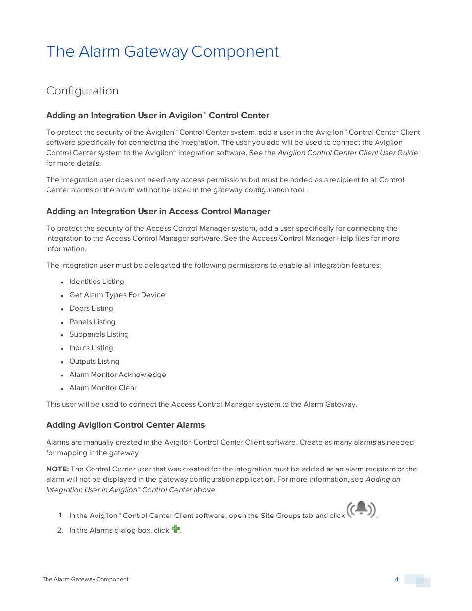 The alarm gateway component, Configuration, Adding avigilon control center alarms | Avigilon Access Control Manager Integration User Manual | Page 7 / 17