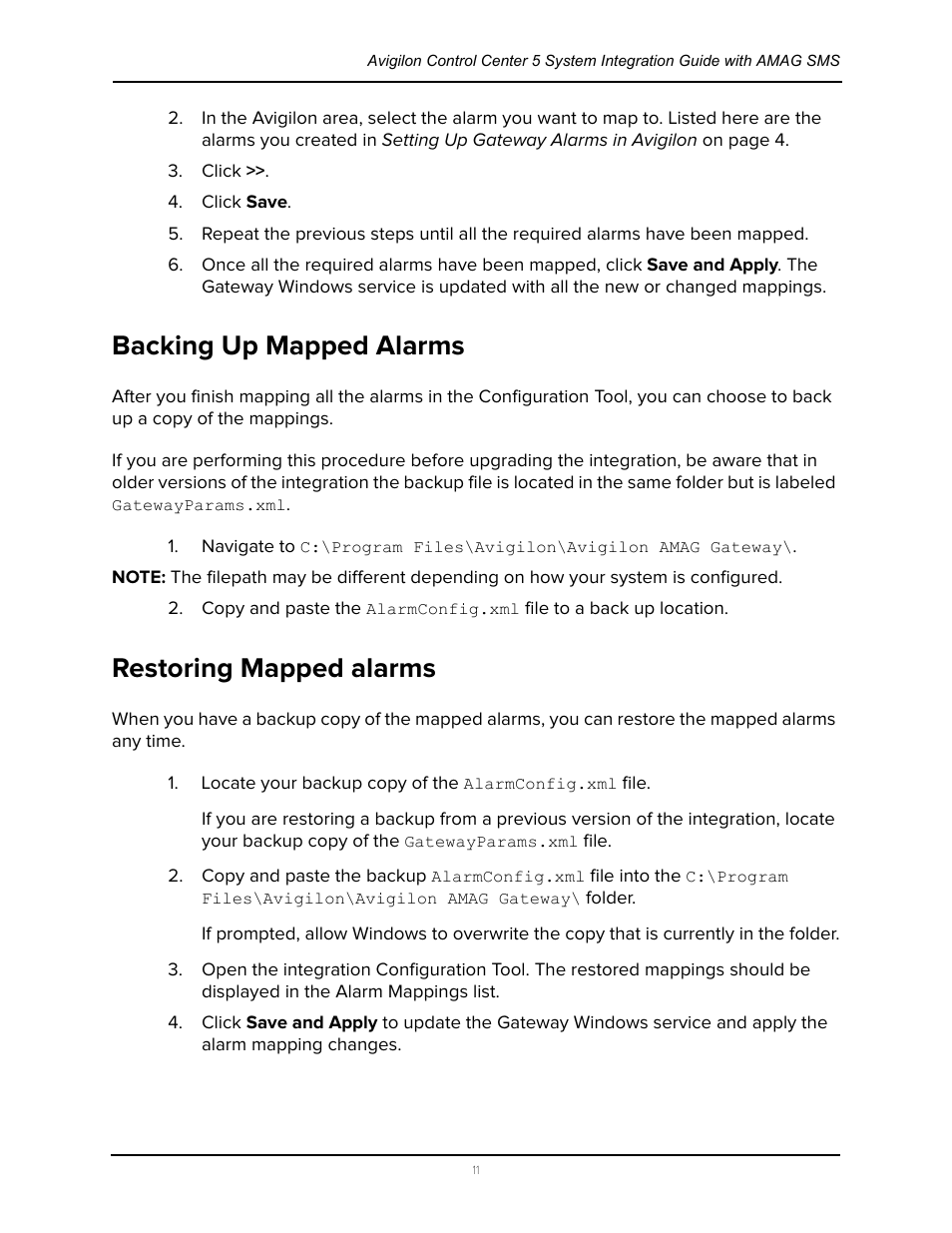 Backing up mapped alarms, Restoring mapped alarms, Backing up mapped alarms restoring mapped alarms | Avigilon AMAG Symmetry 7 Integration User Manual | Page 15 / 18