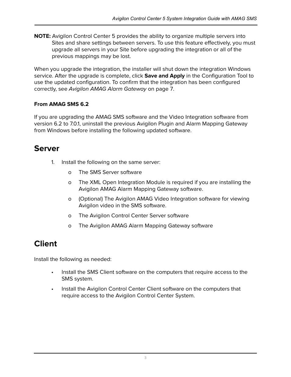 From amag sms 6.2, Server, Client | Server client | Avigilon AMAG Symmetry 7 Integration User Manual | Page 7 / 18