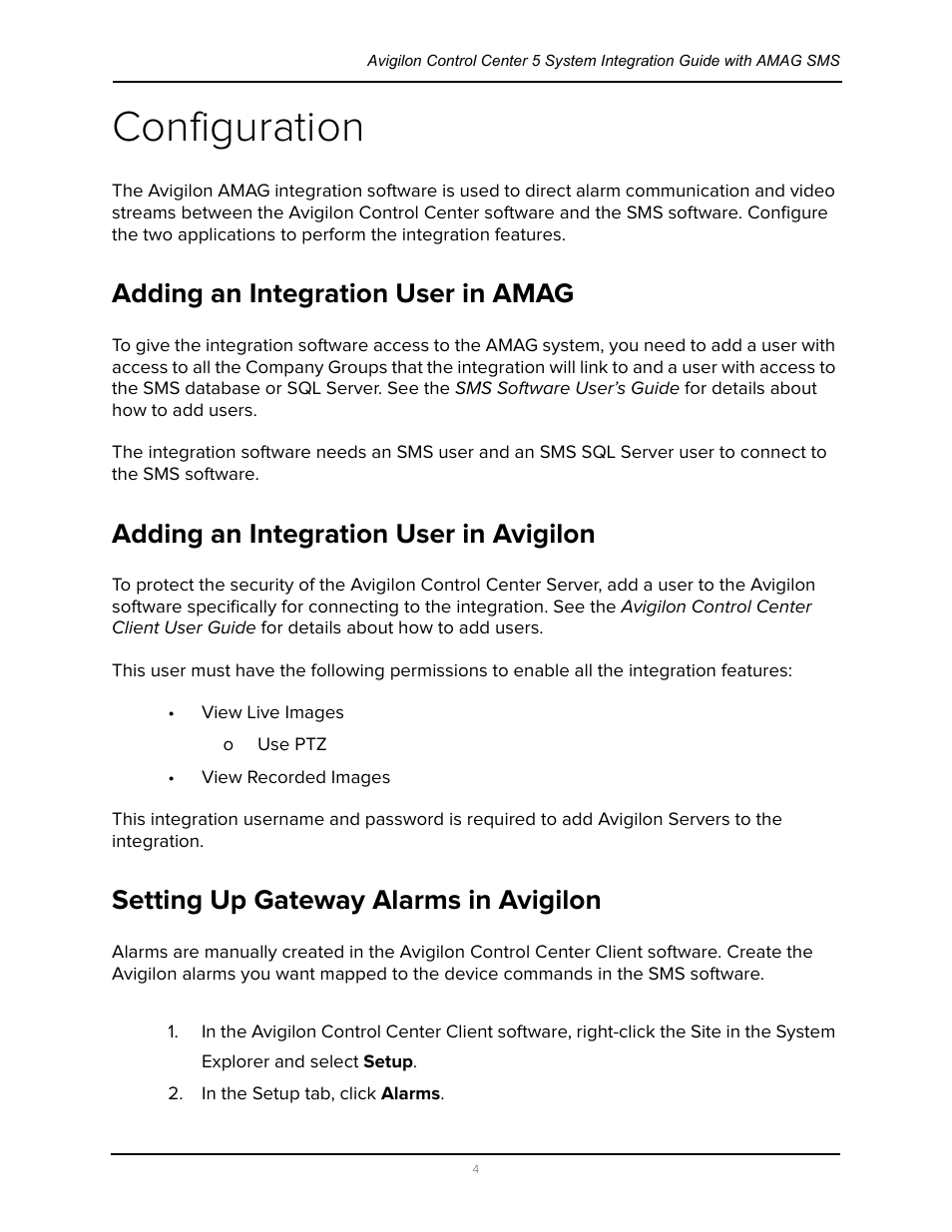 Configuration, Adding an integration user in amag, Adding an integration user in avigilon | Setting up gateway alarms in avigilon | Avigilon AMAG Symmetry 7 Integration User Manual | Page 8 / 18