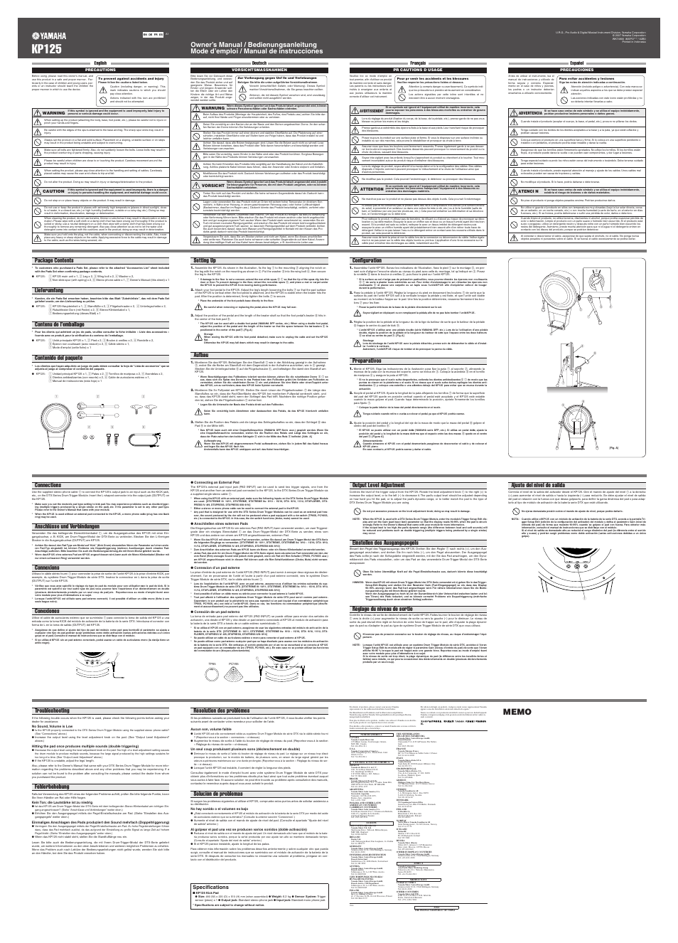 Kp125, Setting up aufbau configuration preparativos, Specifications | Yamaha KP125 User Manual | Page 2 / 4