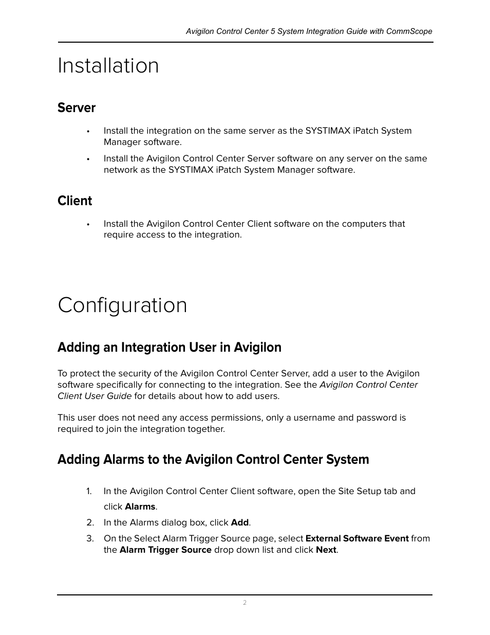 Installation, Server, Client | Configuration, Adding an integration user in avigilon, Server client | Avigilon CommScope iPatch Integration User Manual | Page 6 / 12