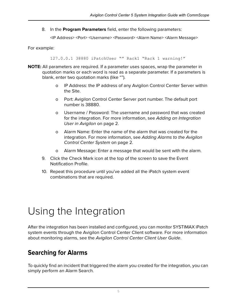 Using the integration, Searching for alarms | Avigilon CommScope iPatch Integration User Manual | Page 9 / 12