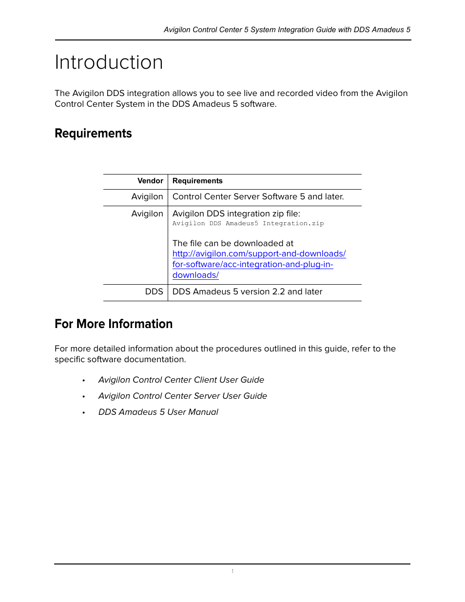 Introduction, Requirements, For more information | Requirements for more information | Avigilon DDS Amadeus Integration User Manual | Page 5 / 10