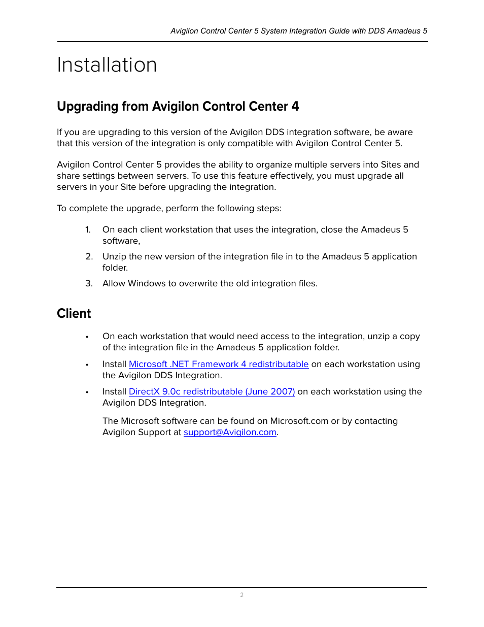 Installation, Upgrading from avigilon control center 4, Client | Upgrading from avigilon control center 4 client | Avigilon DDS Amadeus Integration User Manual | Page 6 / 10