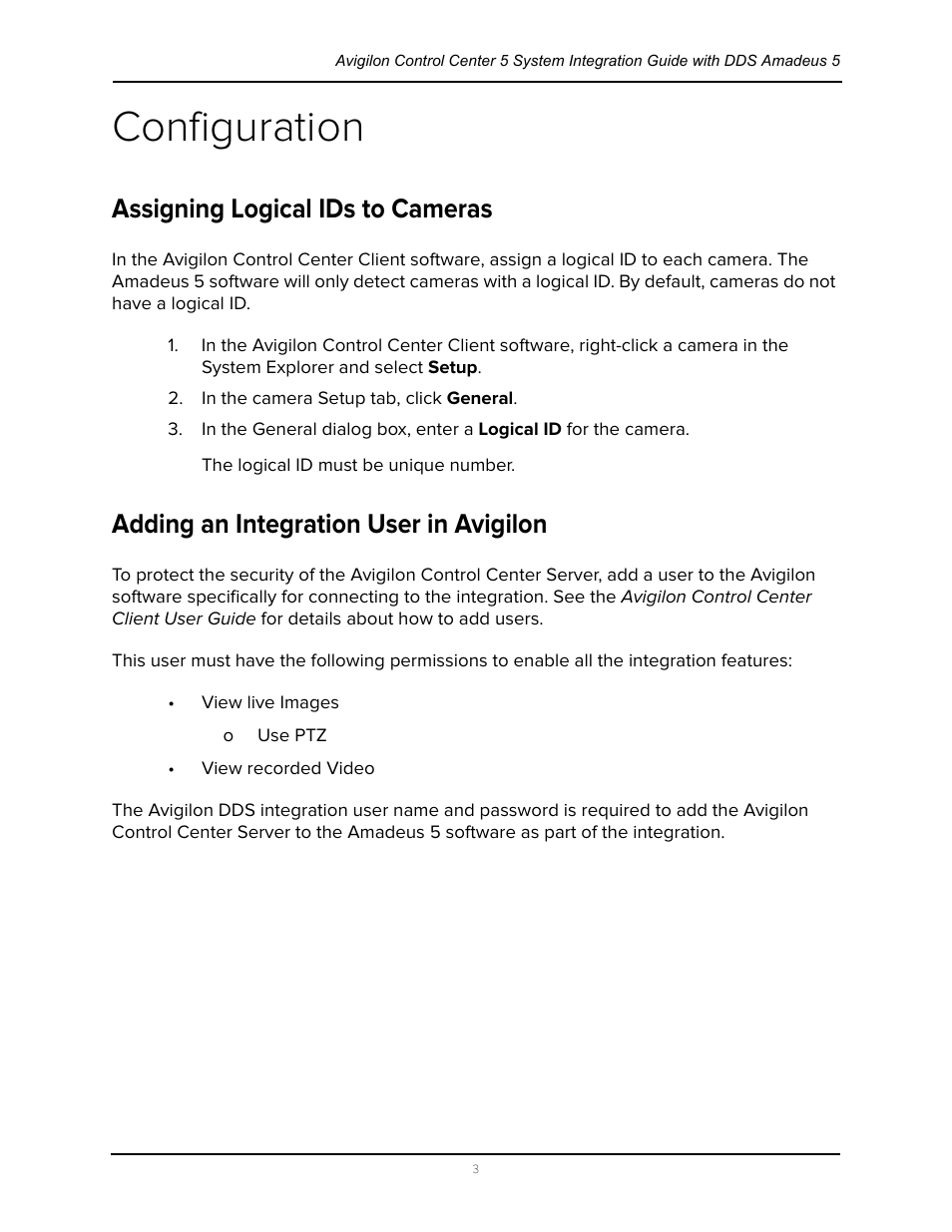 Configuration, Assigning logical ids to cameras, Adding an integration user in avigilon | Avigilon DDS Amadeus Integration User Manual | Page 7 / 10
