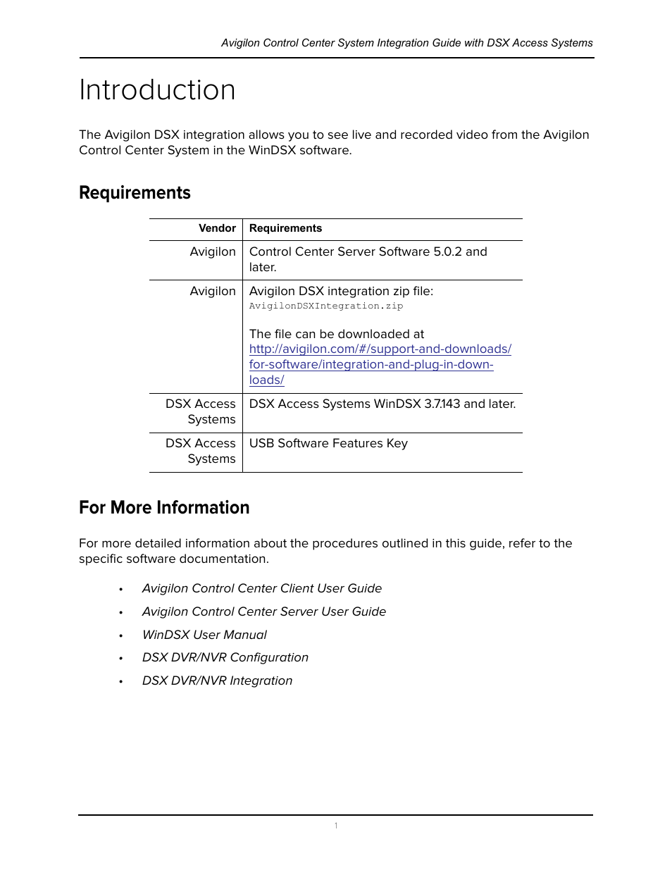 Introduction, Requirements, For more information | Requirements for more information | Avigilon DSX Access Systems Integration User Manual | Page 6 / 9