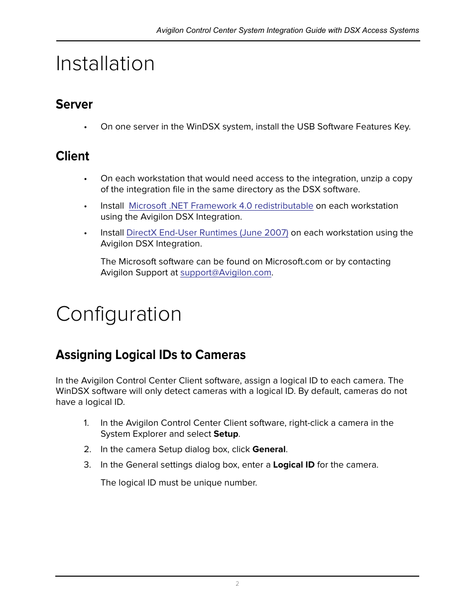 Installation, Server, Client | Configuration, Assigning logical ids to cameras, Server client | Avigilon DSX Access Systems Integration User Manual | Page 7 / 9