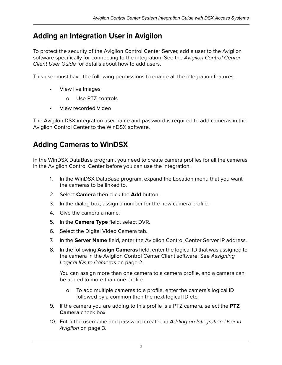 Adding an integration user in avigilon, Adding cameras to windsx | Avigilon DSX Access Systems Integration User Manual | Page 8 / 9
