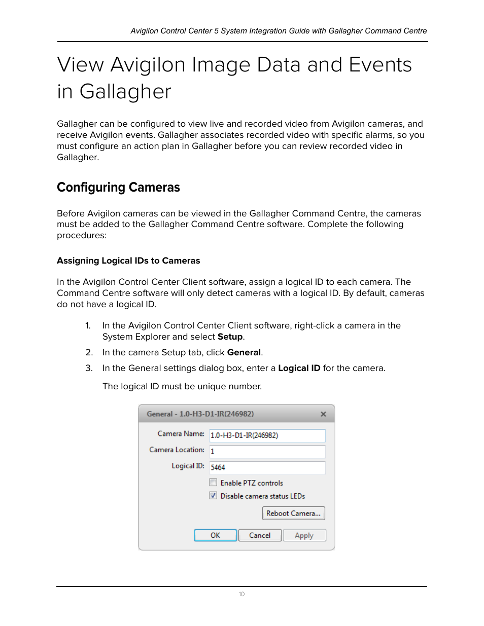 View avigilon image data and events in gallagher, Configuring cameras, Assigning logical ids to cameras | Avigilon Gallagher Command Center 7 Integration User Manual | Page 14 / 22