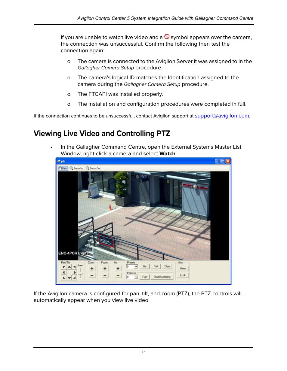 Viewing live video and controlling ptz | Avigilon Gallagher Command Center 7 Integration User Manual | Page 16 / 22