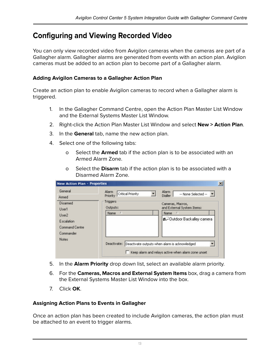 Configuring and viewing recorded video, Adding avigilon cameras to a gallagher action plan, Assigning action plans to events in gallagher | Adding avigilon cameras to a gallagher, Action plan | Avigilon Gallagher Command Center 7 Integration User Manual | Page 17 / 22