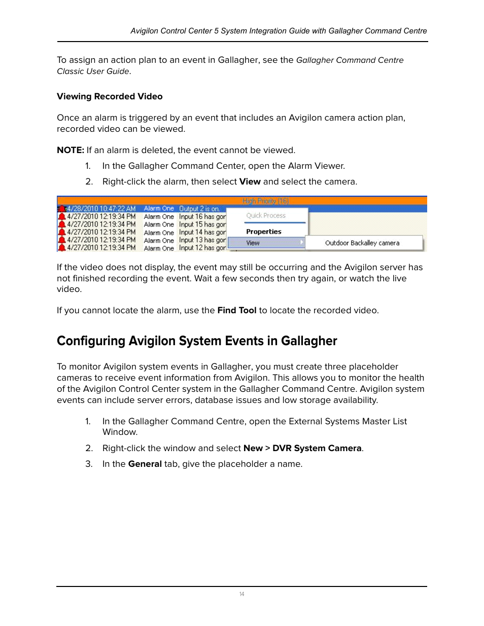 Viewing recorded video, Configuring avigilon system events in gallagher | Avigilon Gallagher Command Center 7 Integration User Manual | Page 18 / 22