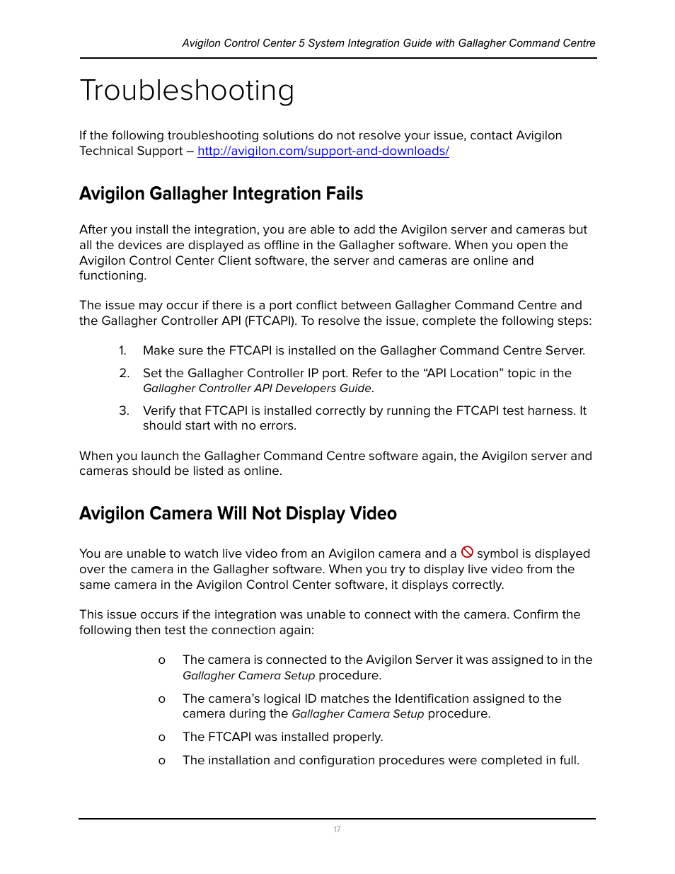 Troubleshooting, Avigilon gallagher integration fails, Avigilon camera will not display video | Avigilon Gallagher Command Center 7 Integration User Manual | Page 21 / 22