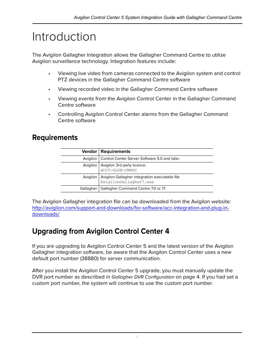 Introduction, Requirements, Upgrading from avigilon control center 4 | Avigilon Gallagher Command Center 7 Integration User Manual | Page 5 / 22