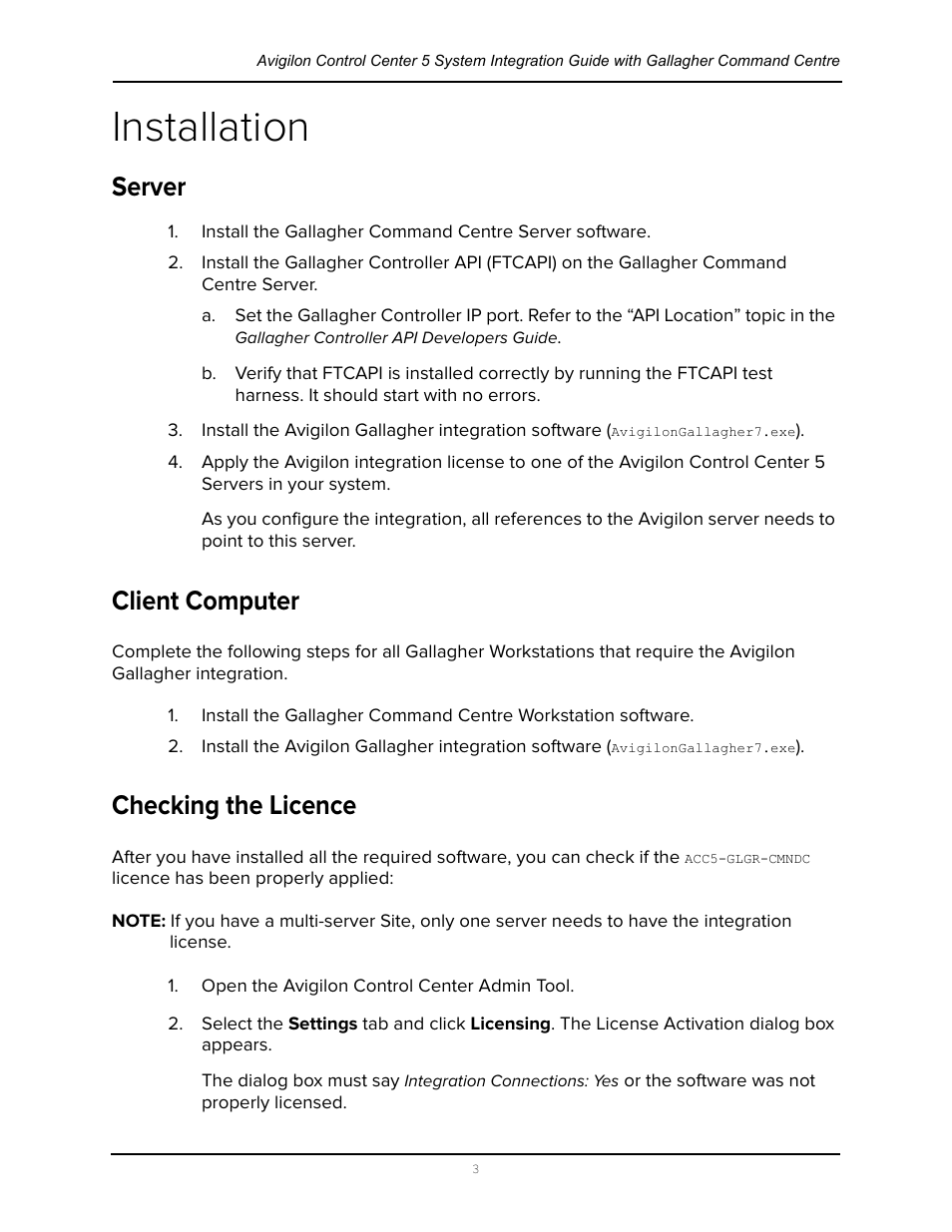 Installation, Server, Client computer | Checking the licence, Server client computer checking the licence | Avigilon Gallagher Command Center 7 Integration User Manual | Page 7 / 22