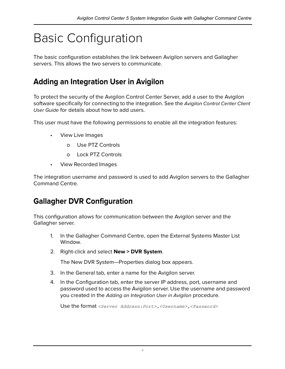 Basic configuration, Adding an integration user in avigilon, Gallagher dvr configuration | Avigilon Gallagher Command Center 7 Integration User Manual | Page 8 / 22