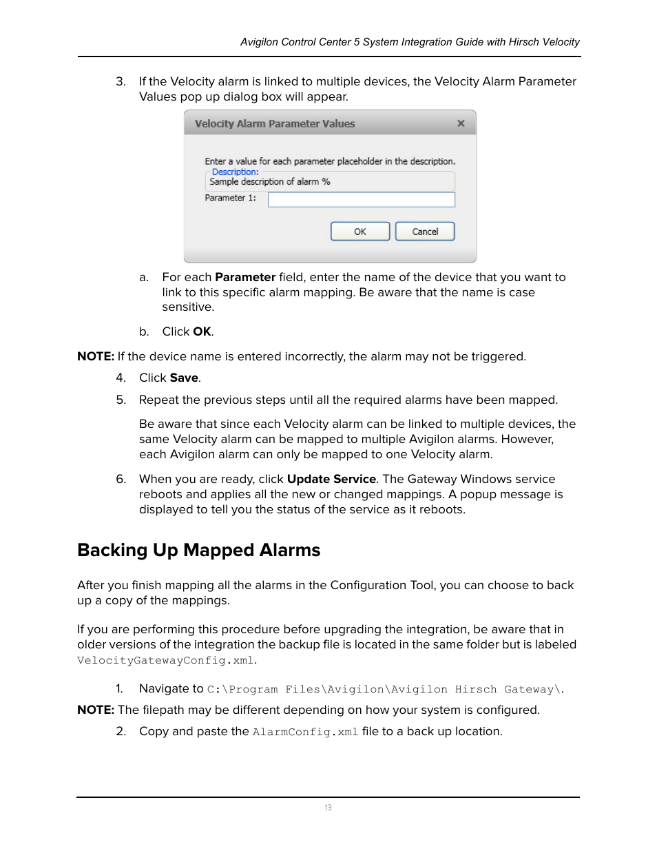 Backing up mapped alarms | Avigilon Hirsch Velocity Integration User Manual | Page 17 / 21