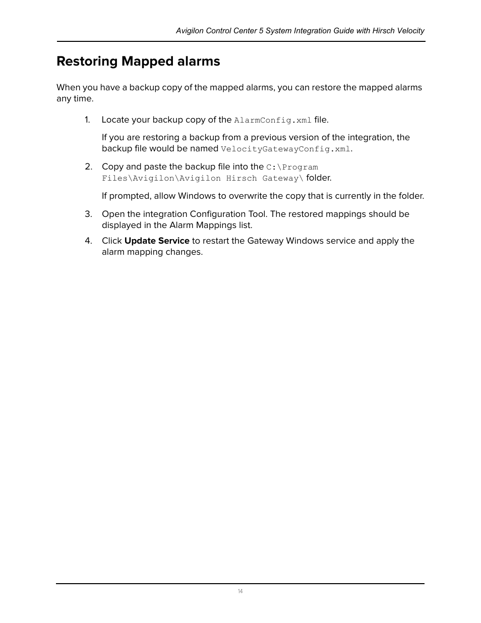 Restoring mapped alarms | Avigilon Hirsch Velocity Integration User Manual | Page 18 / 21