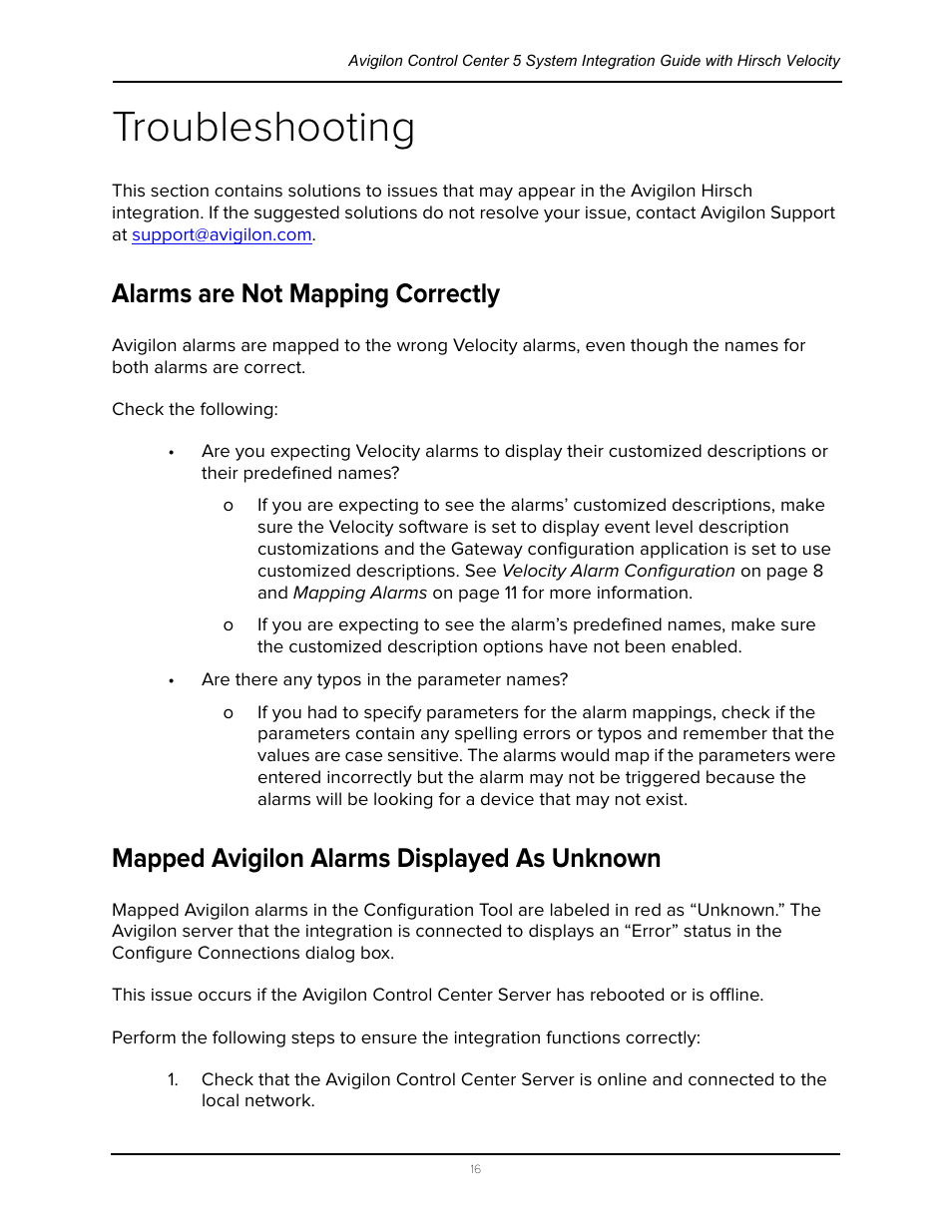 Troubleshooting, Alarms are not mapping correctly, Mapped avigilon alarms displayed as unknown | Avigilon Hirsch Velocity Integration User Manual | Page 20 / 21