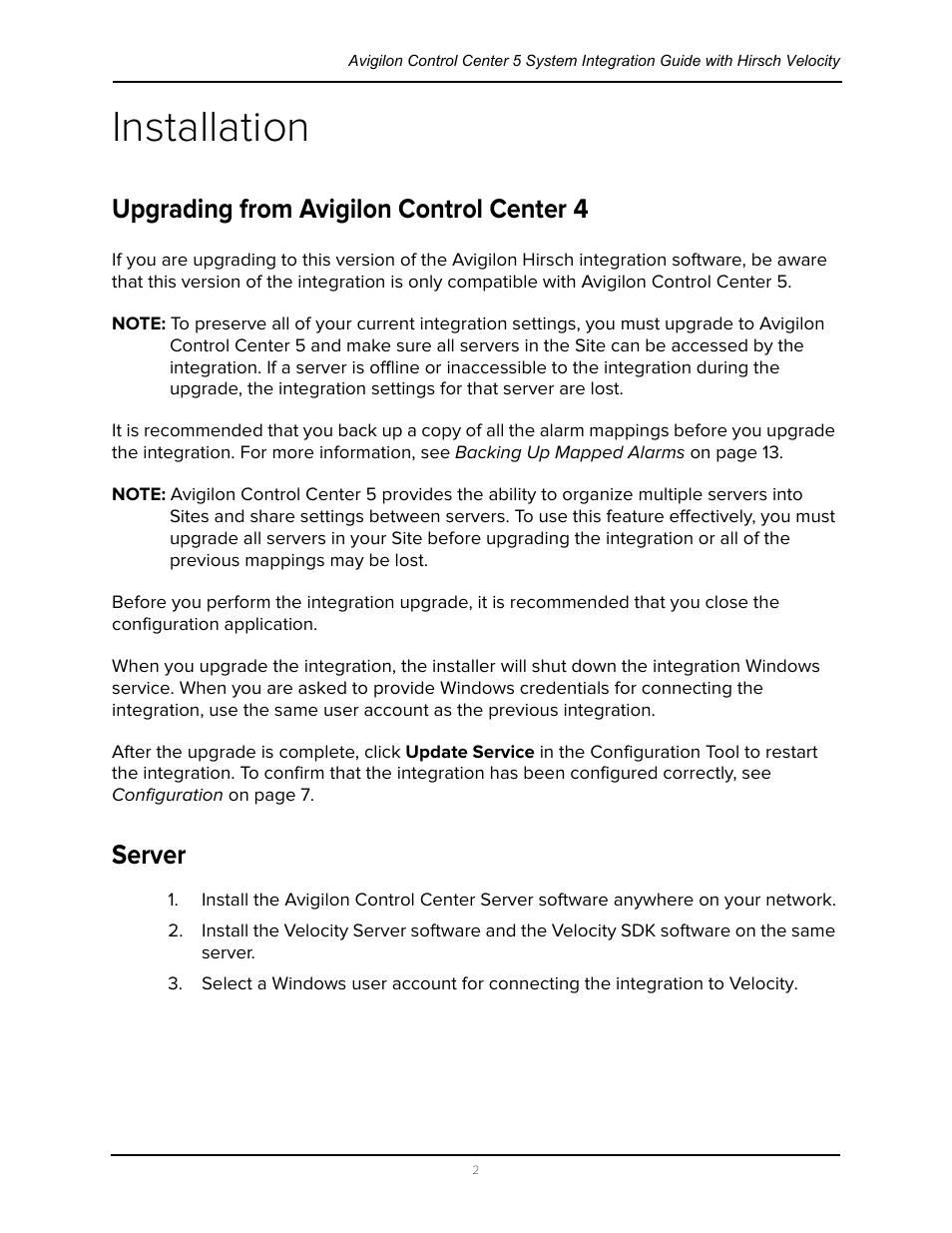 Installation, Upgrading from avigilon control center 4, Server | Upgrading from avigilon control center 4 server | Avigilon Hirsch Velocity Integration User Manual | Page 6 / 21