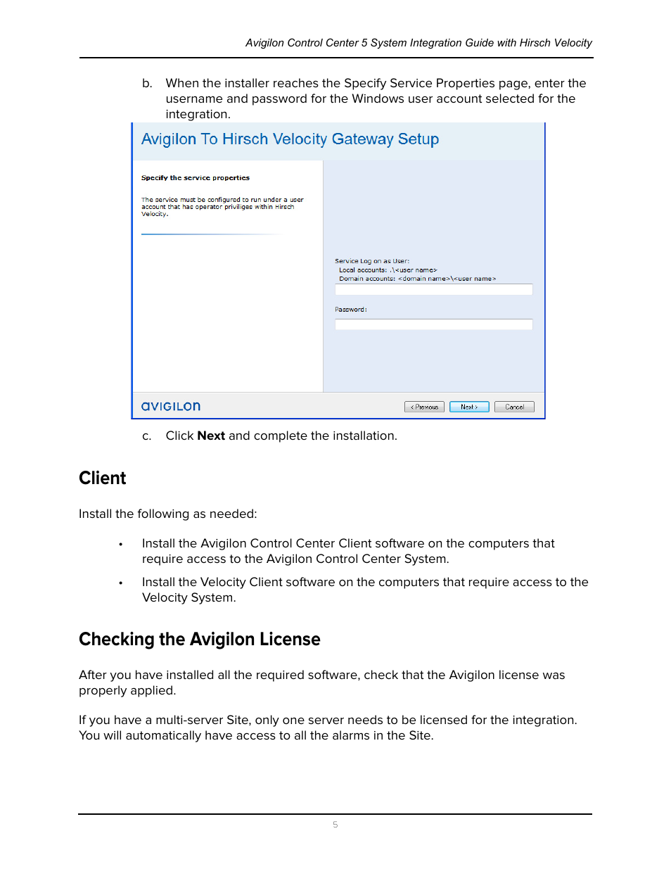 Client, Checking the avigilon license, Client checking the avigilon license | Avigilon Hirsch Velocity Integration User Manual | Page 9 / 21