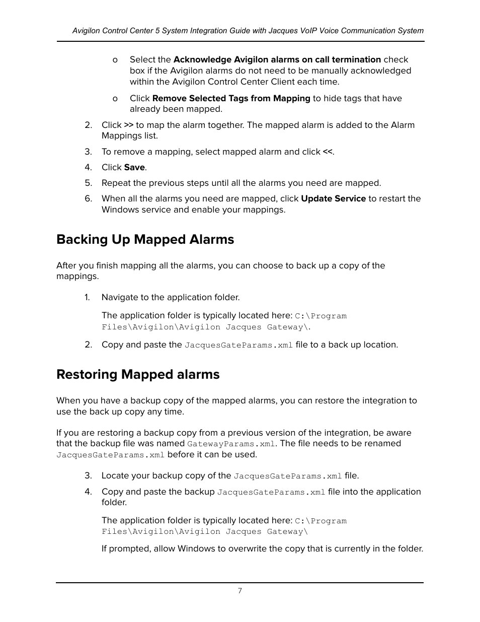 Backing up mapped alarms, Restoring mapped alarms, Backing up mapped alarms restoring mapped alarms | Avigilon Jacques IP Intercom Integration User Manual | Page 10 / 11