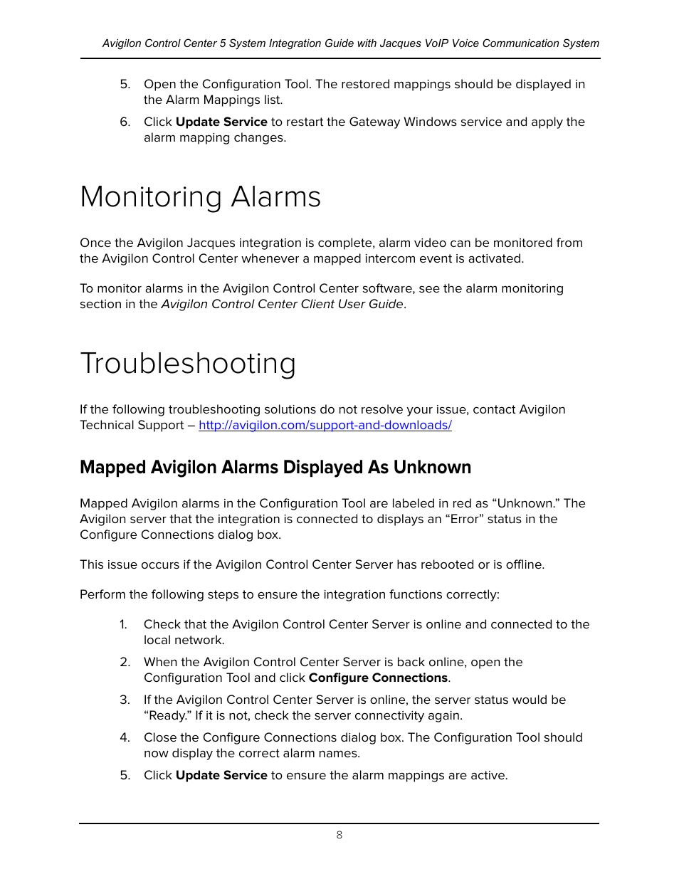 Monitoring alarms, Troubleshooting, Mapped avigilon alarms displayed as unknown | Avigilon Jacques IP Intercom Integration User Manual | Page 11 / 11