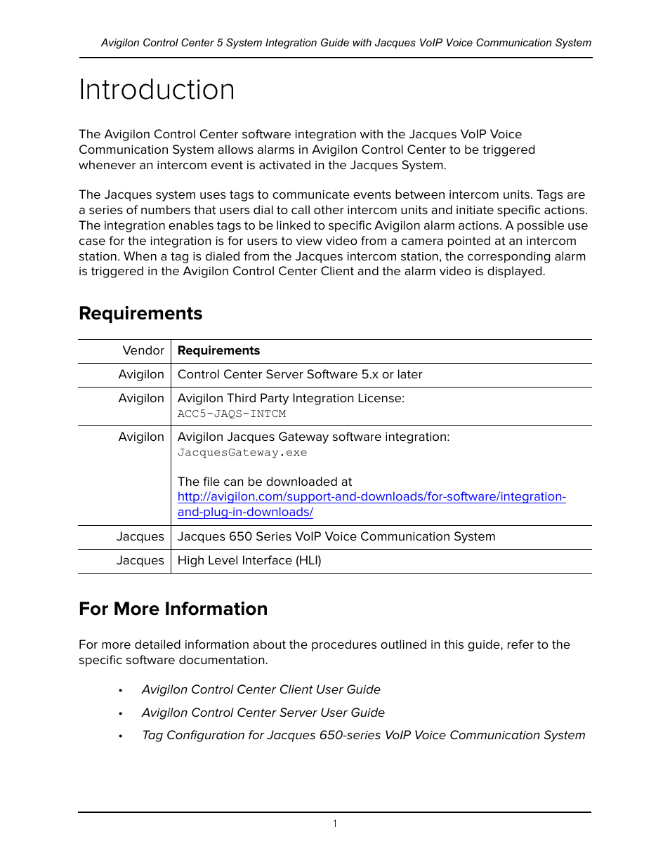 Introduction, Requirements, For more information | Requirements for more information | Avigilon Jacques IP Intercom Integration User Manual | Page 4 / 11