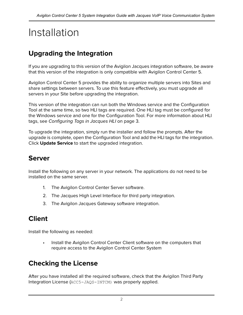 Installation, Upgrading the integration, Server | Client, Checking the license | Avigilon Jacques IP Intercom Integration User Manual | Page 5 / 11