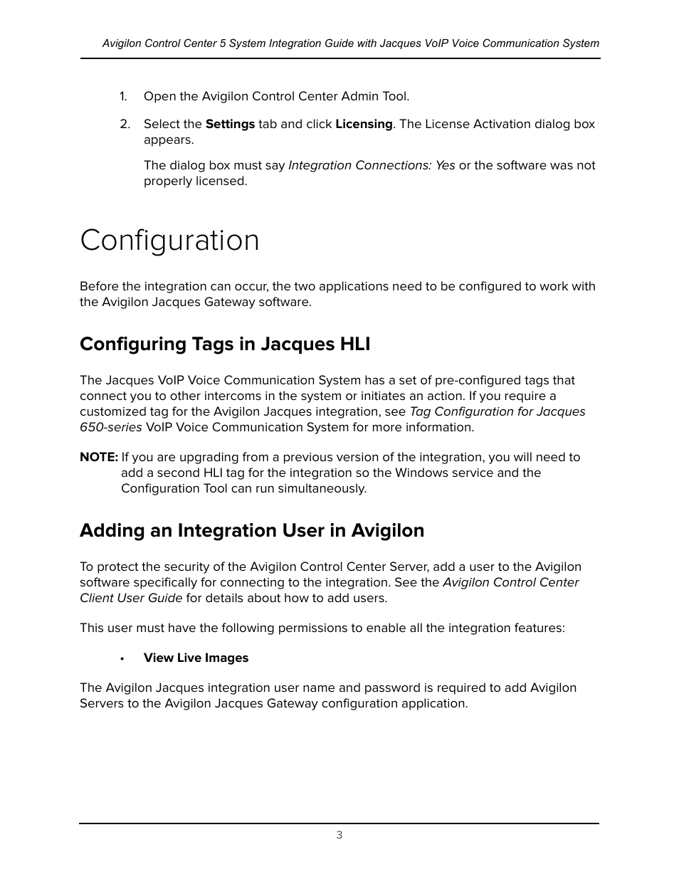 Configuration, Configuring tags in jacques hli, Adding an integration user in avigilon | Avigilon Jacques IP Intercom Integration User Manual | Page 6 / 11