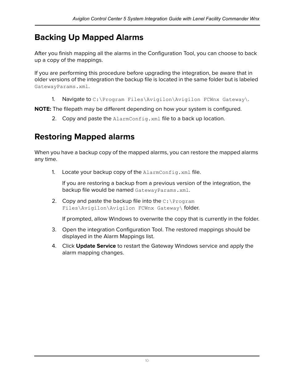 Backing up mapped alarms, Restoring mapped alarms, Backing up mapped alarms restoring mapped alarms | Avigilon Lenel (Previously GE) Facility Commander Wnx Integration User Manual | Page 13 / 16