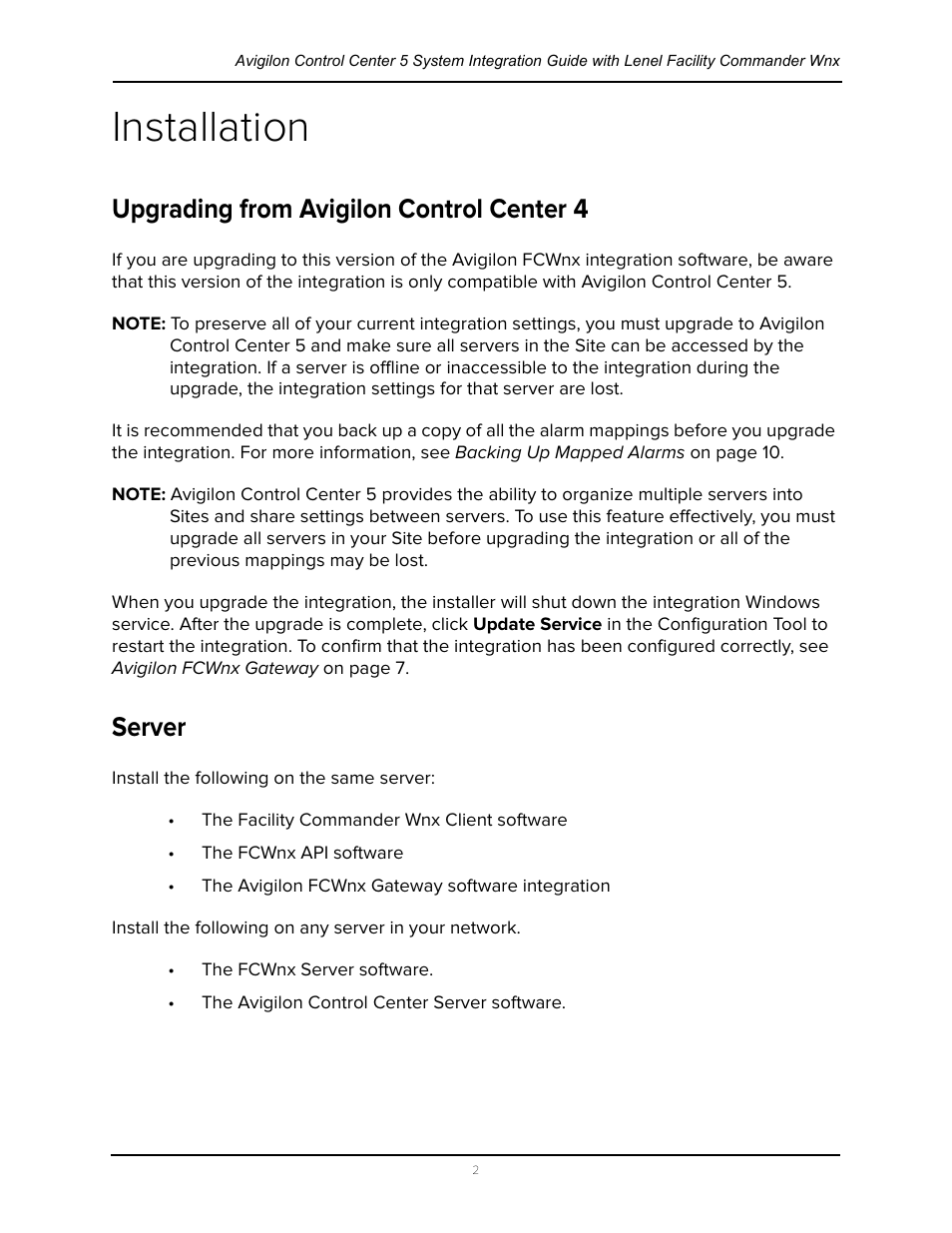 Installation, Upgrading from avigilon control center 4, Server | Upgrading from avigilon control center 4 server | Avigilon Lenel (Previously GE) Facility Commander Wnx Integration User Manual | Page 5 / 16