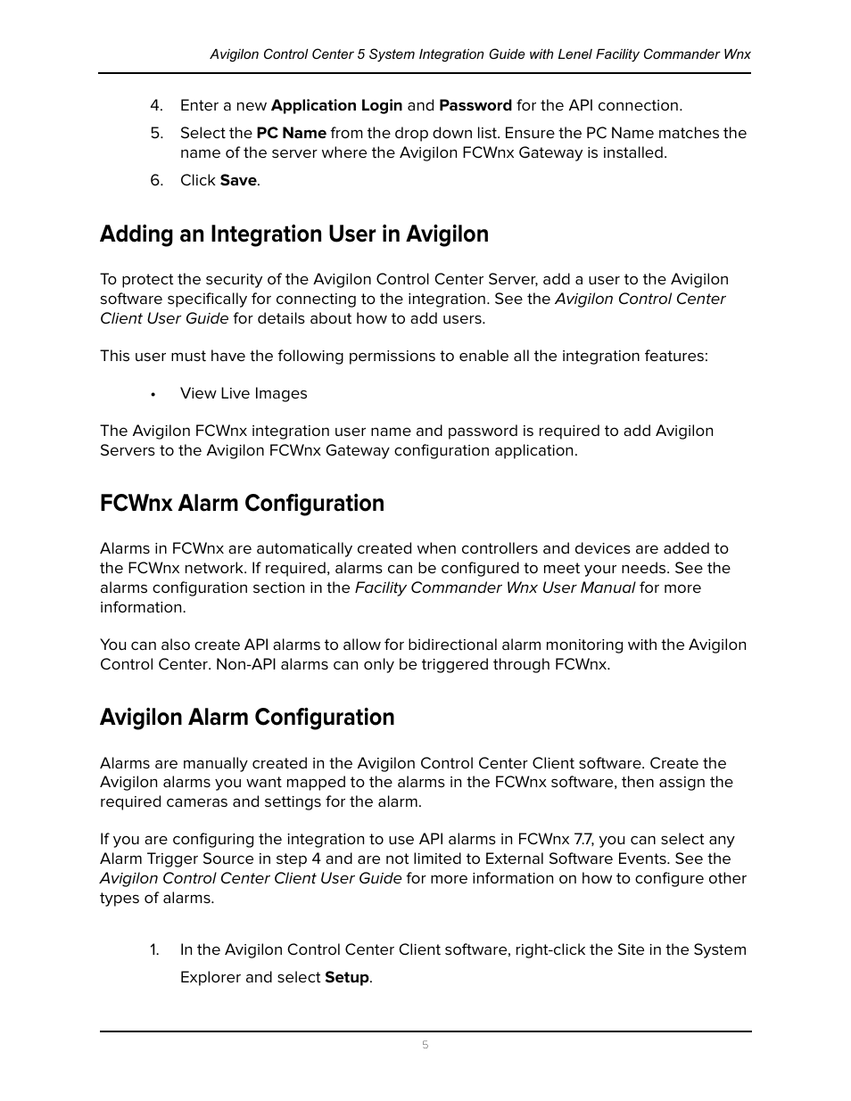 Adding an integration user in avigilon, Fcwnx alarm configuration, Avigilon alarm configuration | Avigilon Lenel (Previously GE) Facility Commander Wnx Integration User Manual | Page 8 / 16
