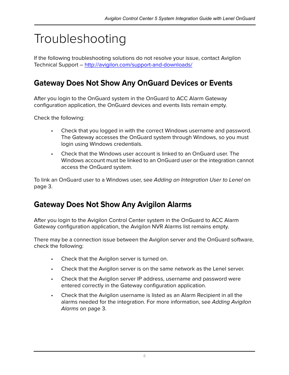 Troubleshooting, Gateway does not show any avigilon alarms | Avigilon Lenel OnGuard to ACC Alarm Gateway Integration User Manual | Page 11 / 12