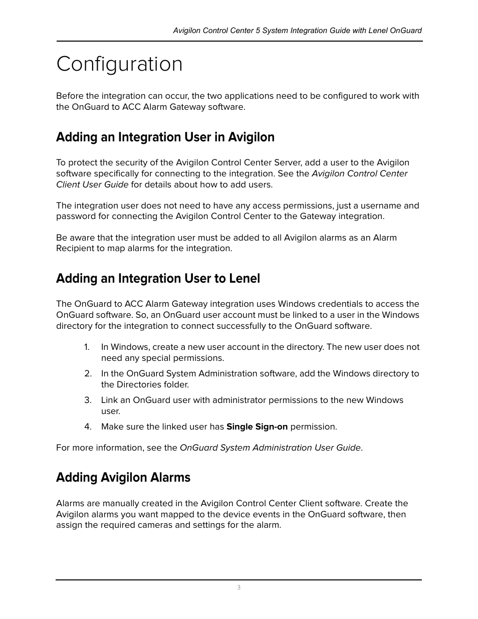 Configuration, Adding an integration user in avigilon, Adding an integration user to lenel | Adding avigilon alarms | Avigilon Lenel OnGuard to ACC Alarm Gateway Integration User Manual | Page 6 / 12