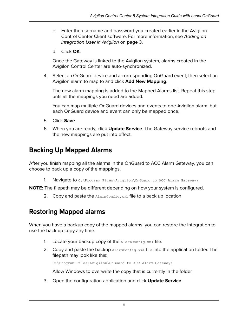 Backing up mapped alarms, Restoring mapped alarms, Backing up mapped alarms restoring mapped alarms | Avigilon Lenel OnGuard to ACC Alarm Gateway Integration User Manual | Page 9 / 12