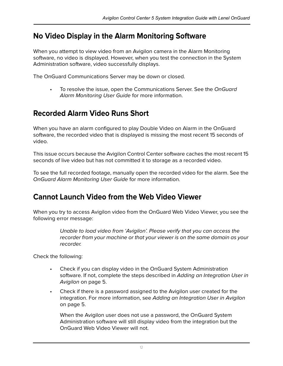 No video display in the alarm monitoring software, Recorded alarm video runs short, Cannot launch video from the web video viewer | Avigilon Lenel OnGuard Video & Event Viewer Integration User Manual | Page 15 / 15