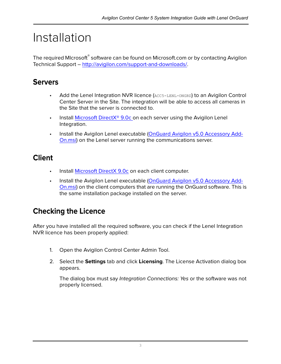 Installation, Servers, Client | Checking the licence, Servers client checking the licence | Avigilon Lenel OnGuard Video & Event Viewer Integration User Manual | Page 6 / 15