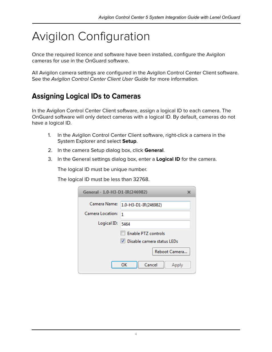 Avigilon configuration, Assigning logical ids to cameras | Avigilon Lenel OnGuard Video & Event Viewer Integration User Manual | Page 7 / 15