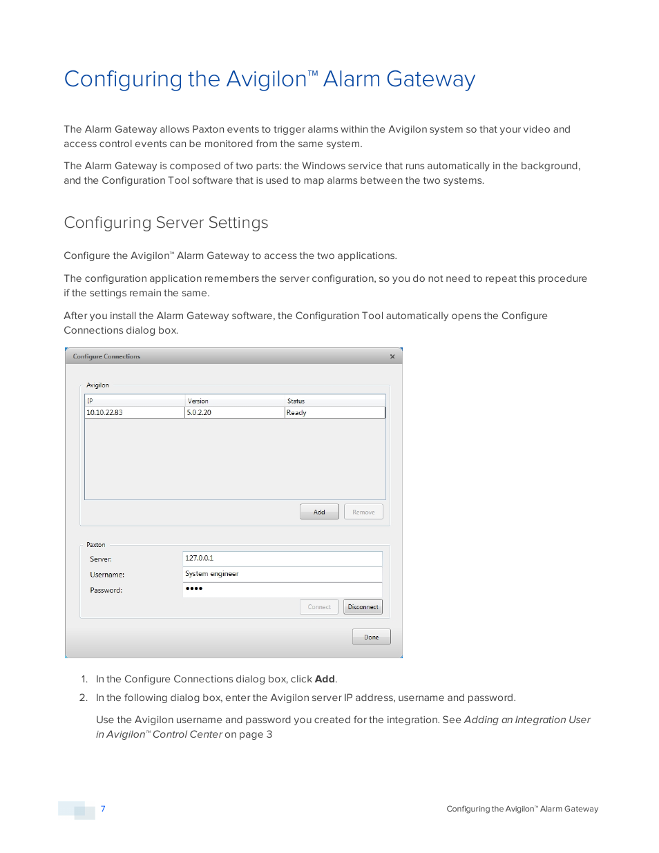 Configuring the avigilon™ alarm gateway, Configuring server settings | Avigilon Paxton Net2 Integration User Manual | Page 10 / 15