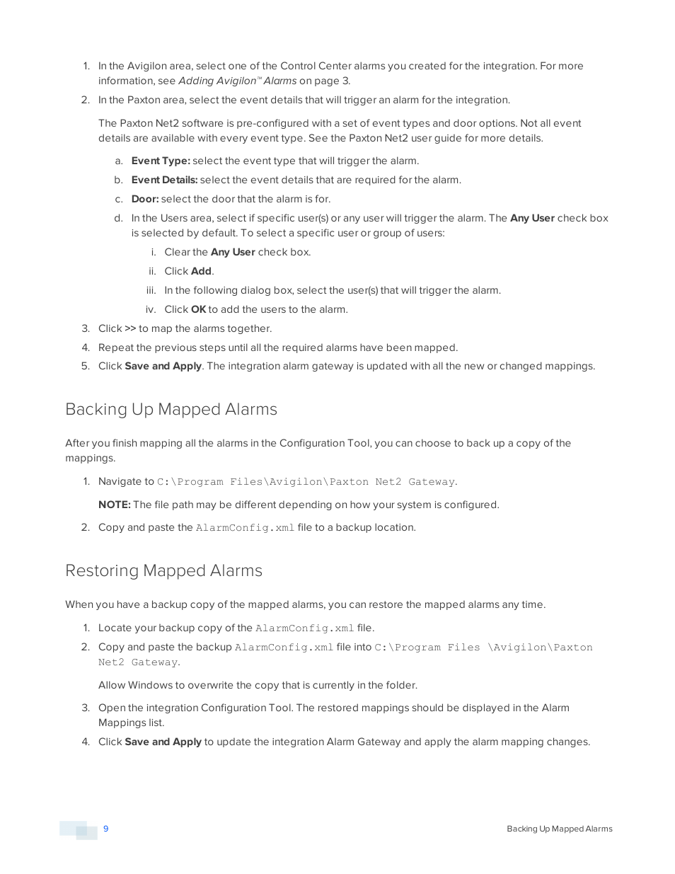 Backing up mapped alarms, Restoring mapped alarms | Avigilon Paxton Net2 Integration User Manual | Page 12 / 15