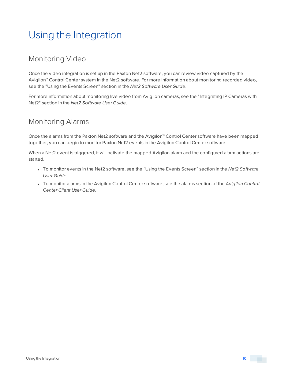 Using the integration, Monitoring video, Monitoring alarms | Avigilon Paxton Net2 Integration User Manual | Page 13 / 15